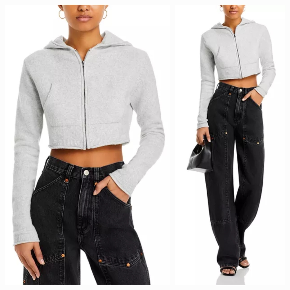 RE/DONE & Pamela Anderson Cotton Cropped Zip Hoodie Cardigan Light Grey XS NWT
